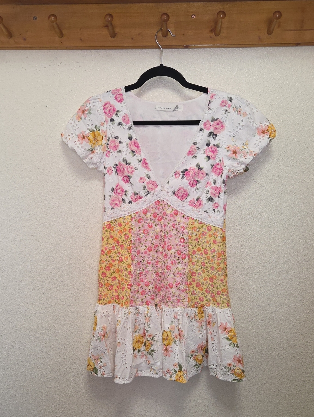 Altar'd State White, Pink & Yellow Floral Patchwork V-Neck Dress